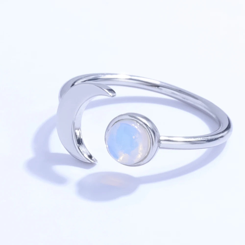 Joacii Vintage Moon Ring 925 Sterling Silver with Adjustable Gold Moonstone Simple Thin Wedding Ring for Women Fine Jewelry