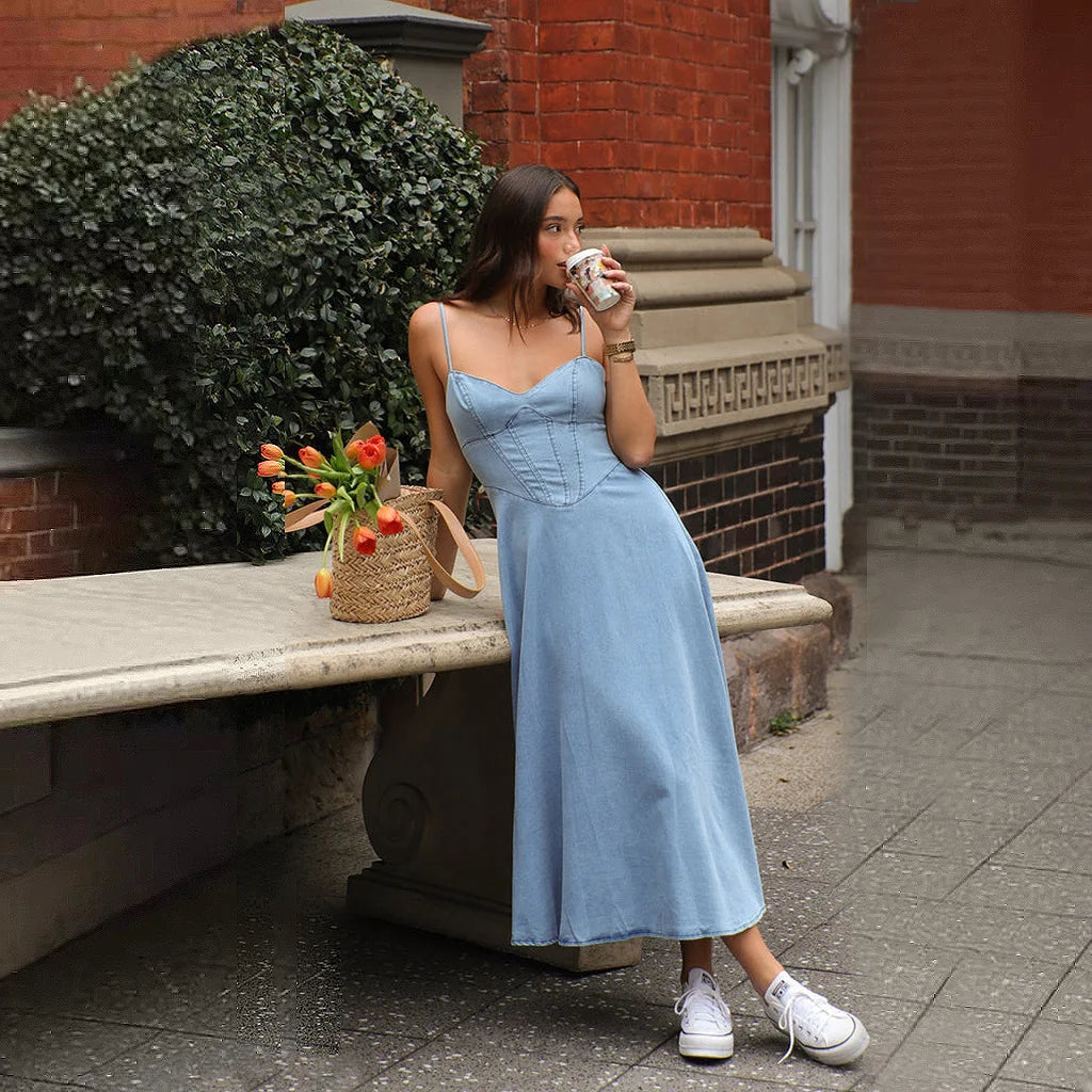 New Arrival Women Casual Halterneck Long Dress Fashion Sleeveless Summer Denim Dress