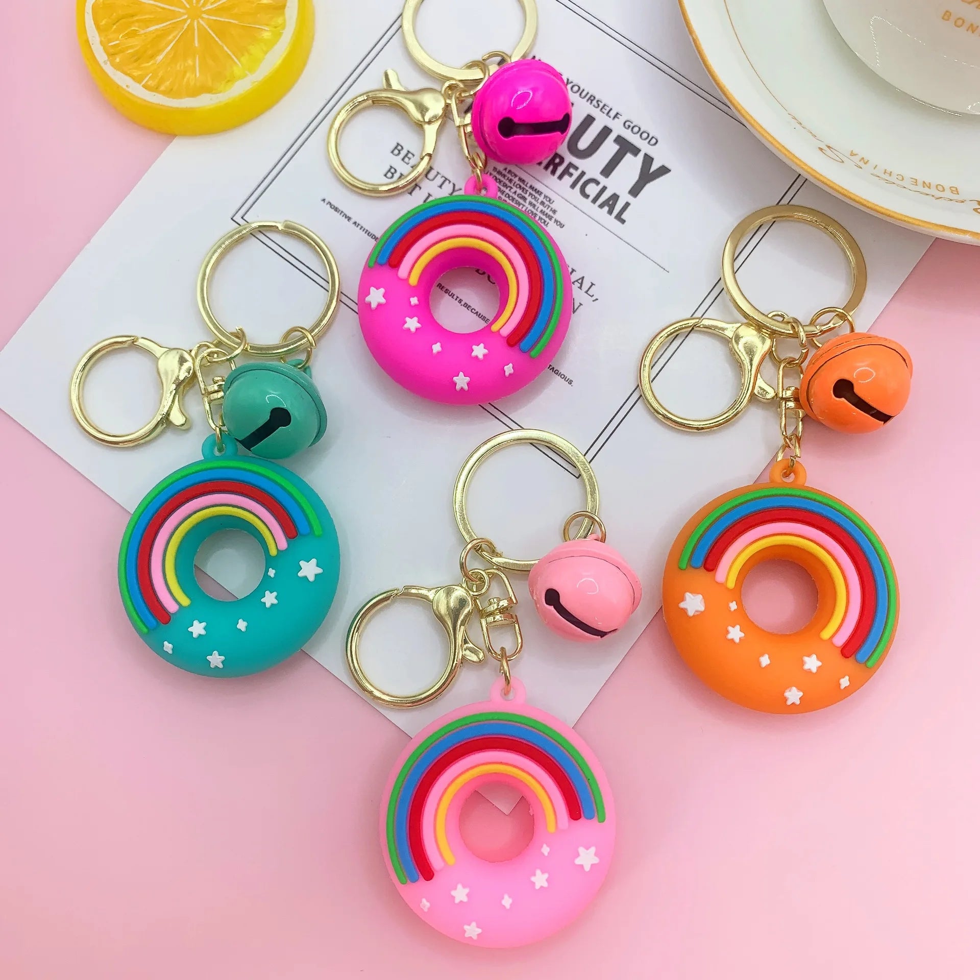 Cartoon Donut Keychain Food Dessert PVC Soft Keychain Schoolbag Backpack Key Chain Rainbow Donuts Car Key Pendant