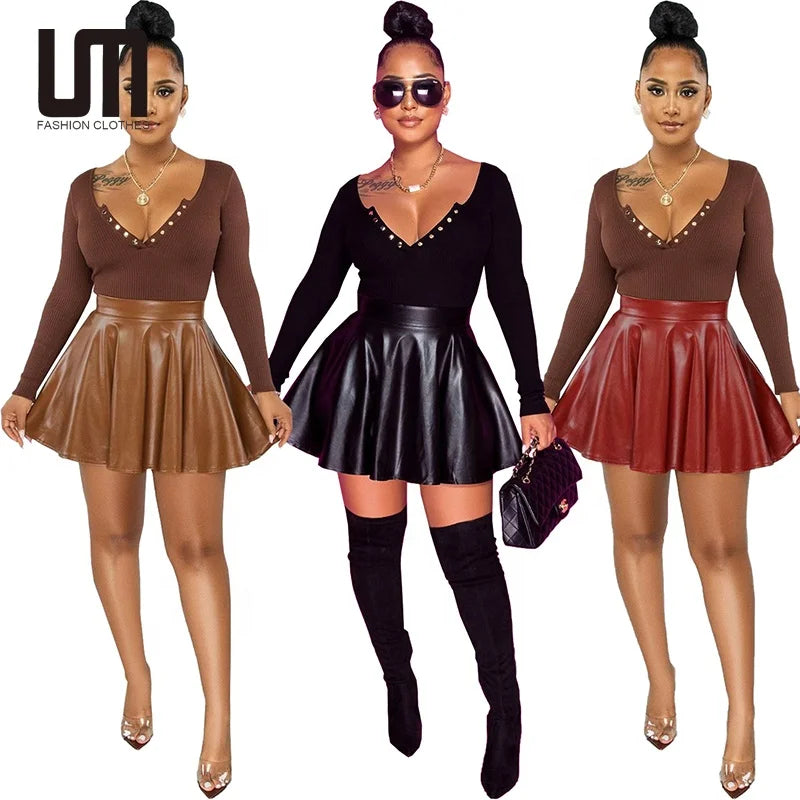 Liu Ming Fashion 2025 Women Streetwear Pleated Faux Leather a Line Mini Skirt