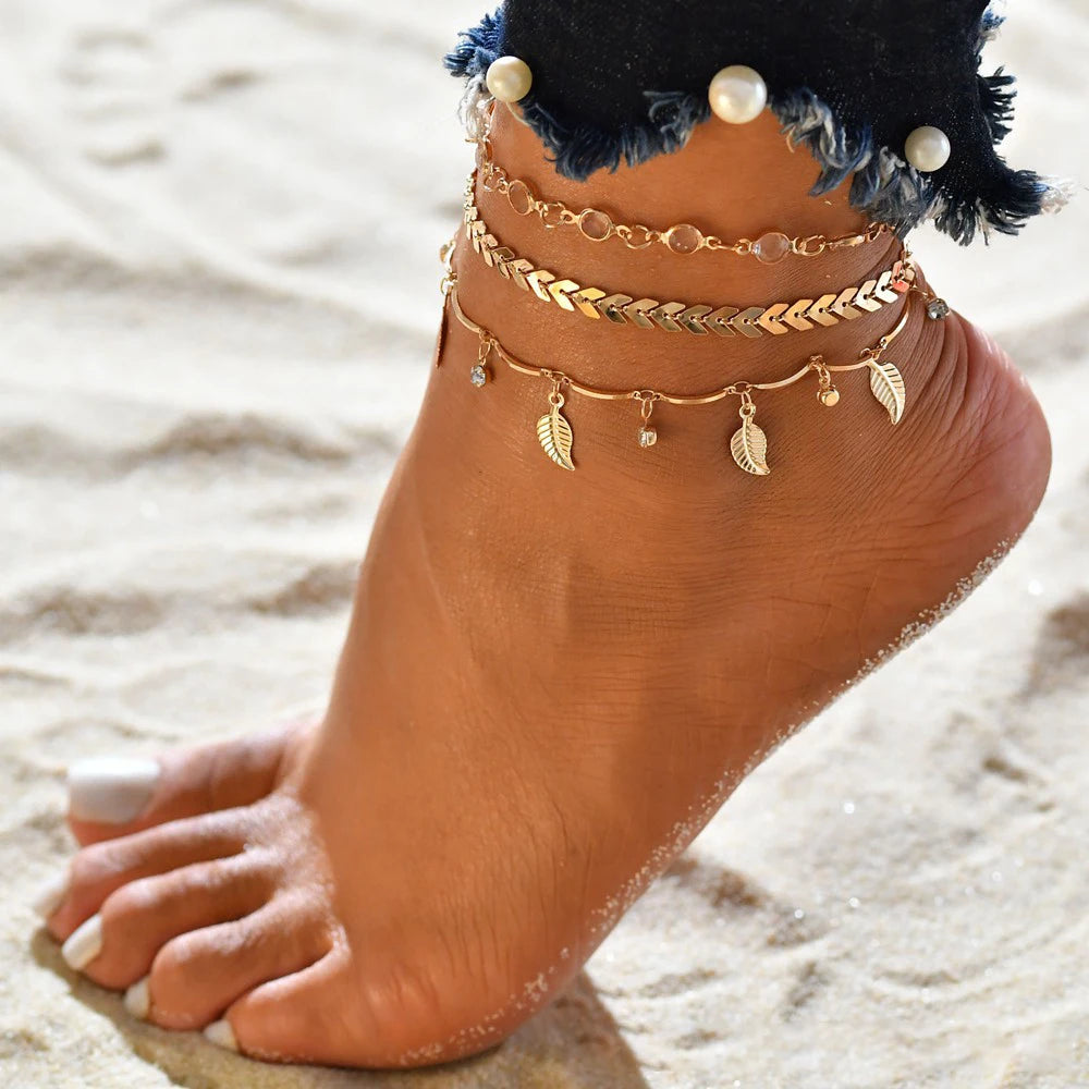 G663 Fashion Jewellery Beach Anklets Gold Plated Multilayer Chain Leaf Star Moon Charm Women Anklet