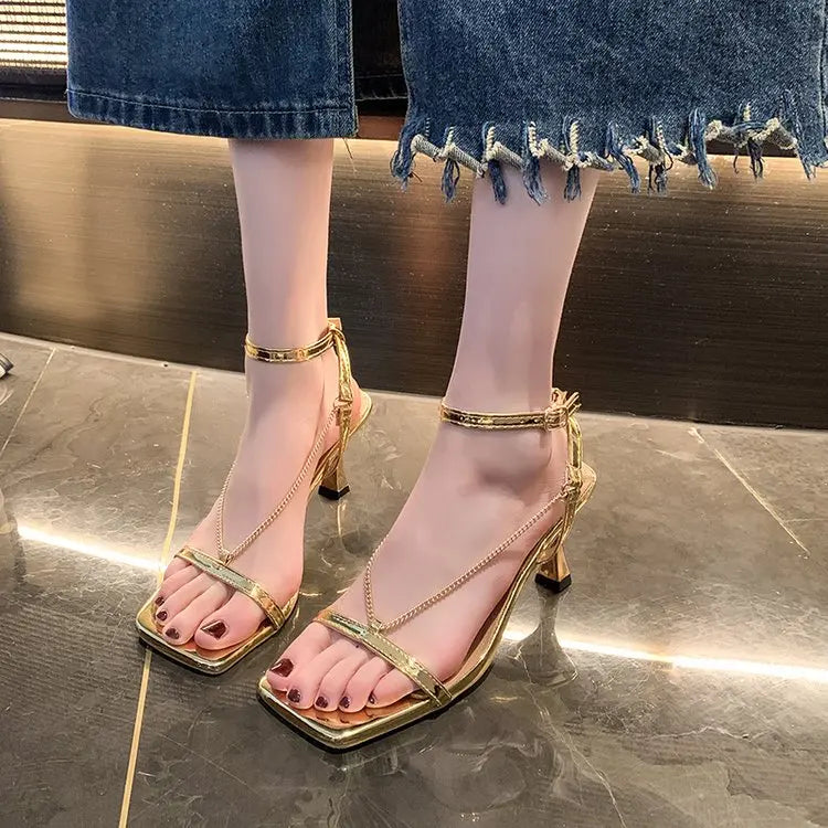 DDP Women Summer Fashion Square Toe Platform High Heels Sandals Ladies Block Chunky Heel Gold Color Heeled Sandals