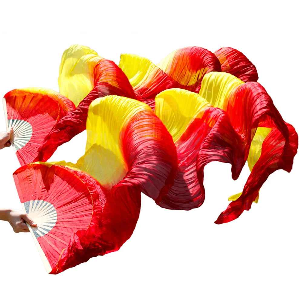 Fashion 1.8M Half Red & Yellow Silk Handmade Bamboo Long Fans with Veil Performance Wear for Belly Dancing
