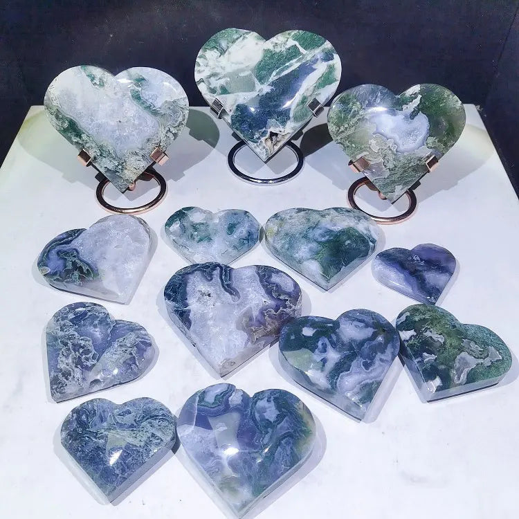 Wholesale Factory Price Natural Stone Heart Crystals Moss Agate Healing Puffy Heart for Fengshui Ornaments