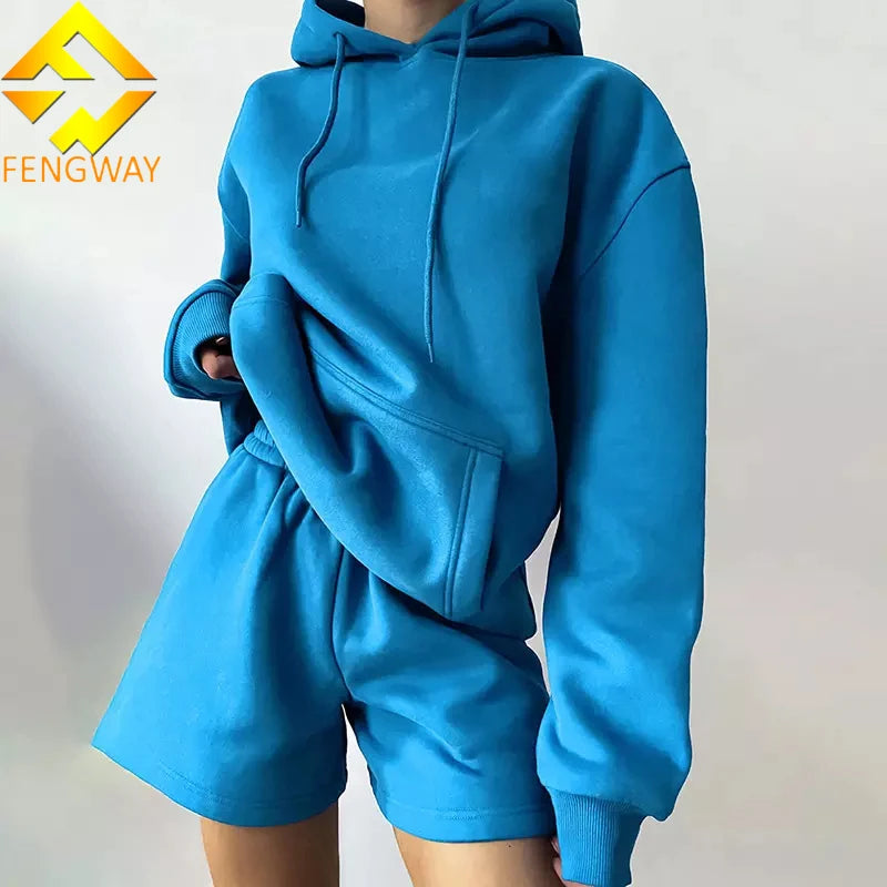 Custom Two Piece Set Women Long  Hoodie 2 Piece Short Set Cotton Jogger Set
