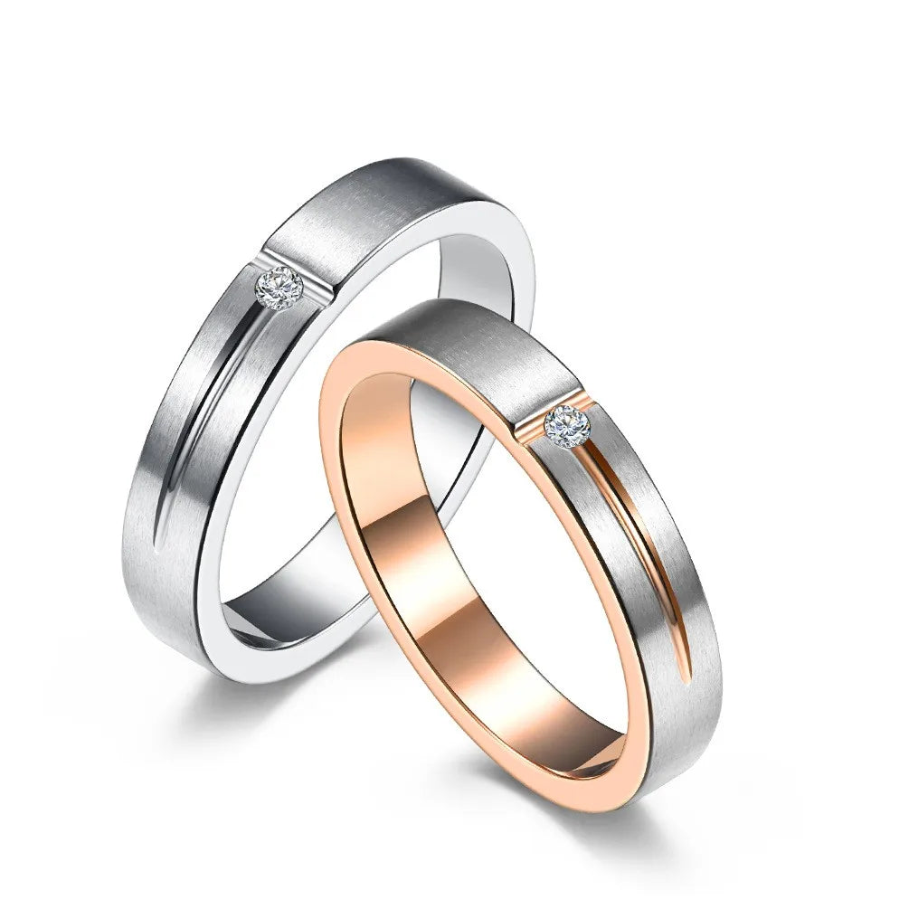 Moge Jewelry Anillo De Compromiso Rose Gold Plated Stainless Steel Single Diamond Rings Men Women Promise Ring for Couples