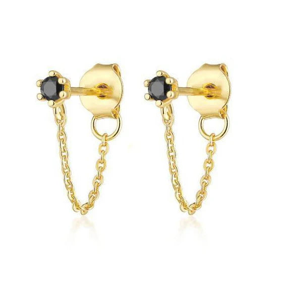 Gemnel Latest Trendy 925 Sterling Silver Black Spinel Chain Stud Earrings Women