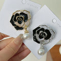 Romantic Black White Enamel Floral Brooch Lapel Pin Pearl Camellia Flower Suit Brooch for Women