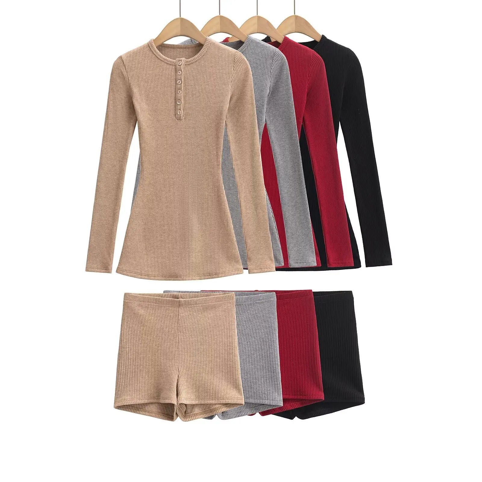 Hot Products Pure Desire Spring Women Long Sleeve Top Knee Tight Shorts Knit Set Two-Piece Set