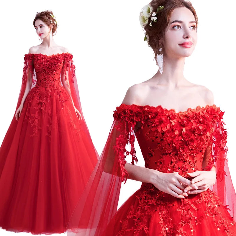 HQ Women Elegant Off Shoulder Evening Dress Red Rose Wedding Dresses Colorful Flower Lace Party Dress