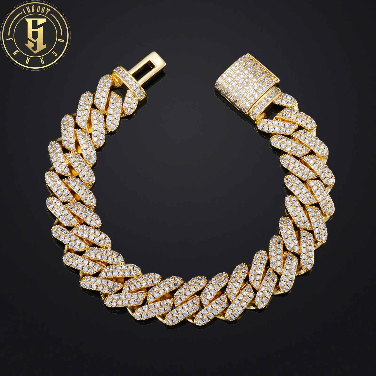 Fashion Hip Hop Jewelry 14mm 18K Gold Plated Brass Prong 2 Rows CZ Diamond Iced Out Rhombus Cuban Link Chain Bracelet for Men