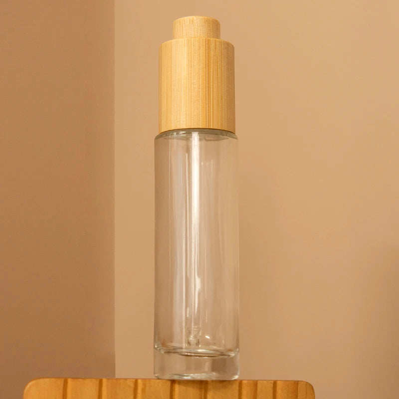 Hot Selling Newest 15ml Flat Glass Dropper Bottle Bamboo Press Lid Wood Cap Frost Finish Screen Printing Hot Stamping Cosmetic