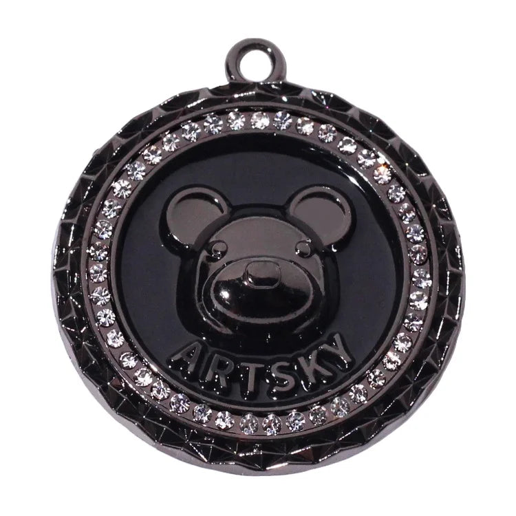 High Quality Round Shape Bear Logo Necklace Charms Custom Made Clothing Rhinestone Metal Hang Pendant Chain Tags for Garment