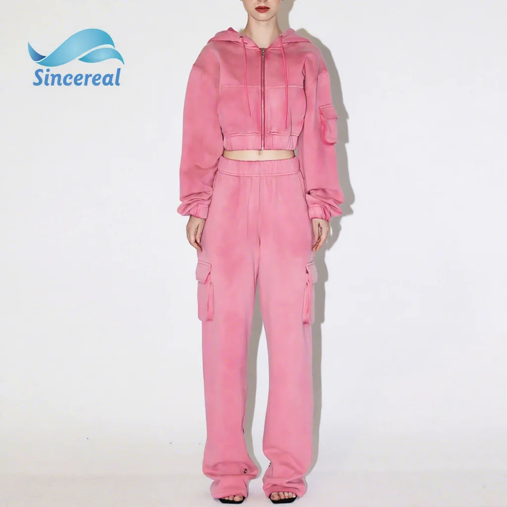 Custom Autumn 2026 Streetwear Casual Tracksuits Pink Terry Sweatshirt Pants Vintage Acid Wash Two Piece Set for Woman