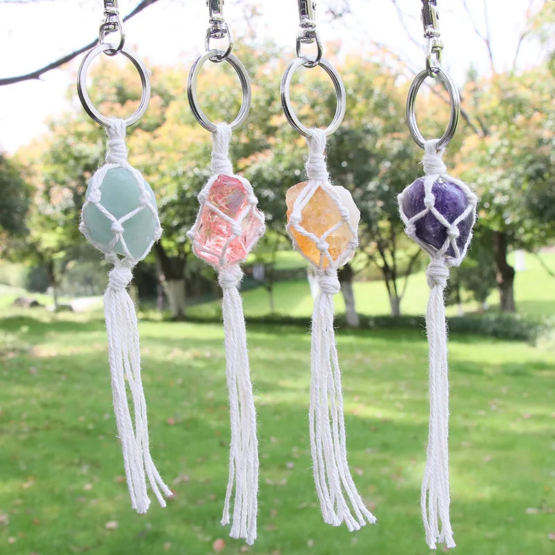 Handmade Multi Color Natural Raw Crystals Irregular Healing Stones Keychains Ornament With Thread Woven Tassel