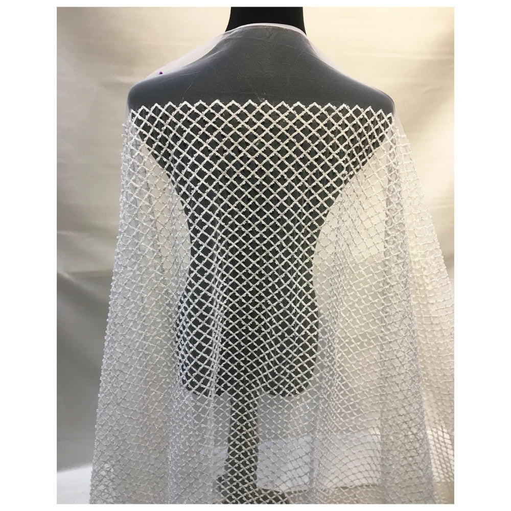 White Sequin Crystal Laces With Beads Embroidery Luxurious Hand Beaded Lace Fabrics for Bridal Gown