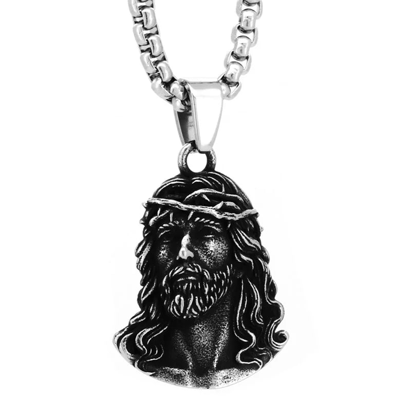 SS8-1111P Vintage Men's Christian Jesus Cross Pendant Necklace Retro Christ Crown of Thorns Christian Necklace Men Religion