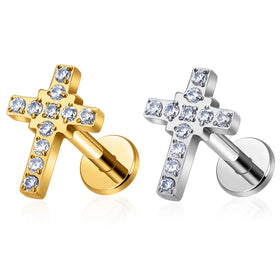 G23 ASTM F136 Titanium Piercing Stud Earrings Cross Shaped 16G Zircon Punk Style Wedding 18K Gold Plated Ear Tragus Cartilage