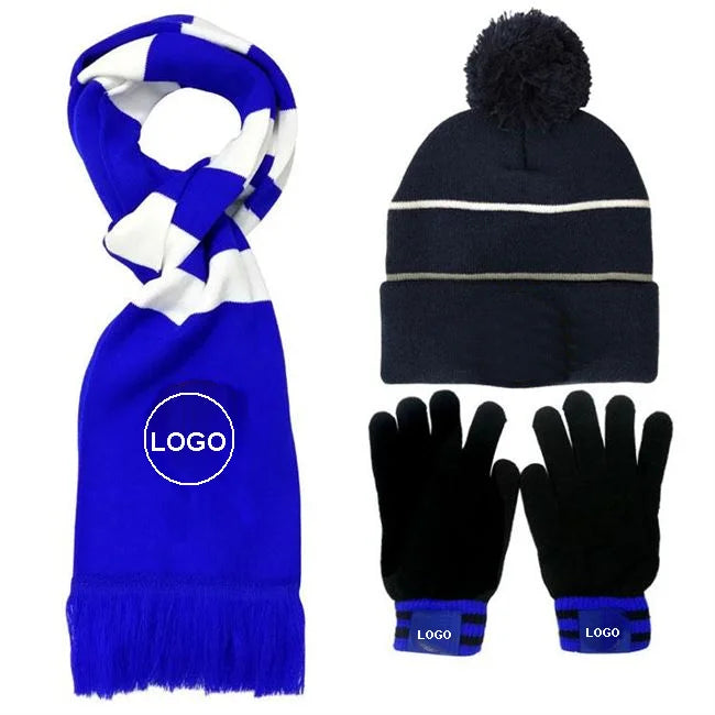 Custom  Logo  Knitted  Fans Jacquard Soccer Scarf Hat Gloves Set