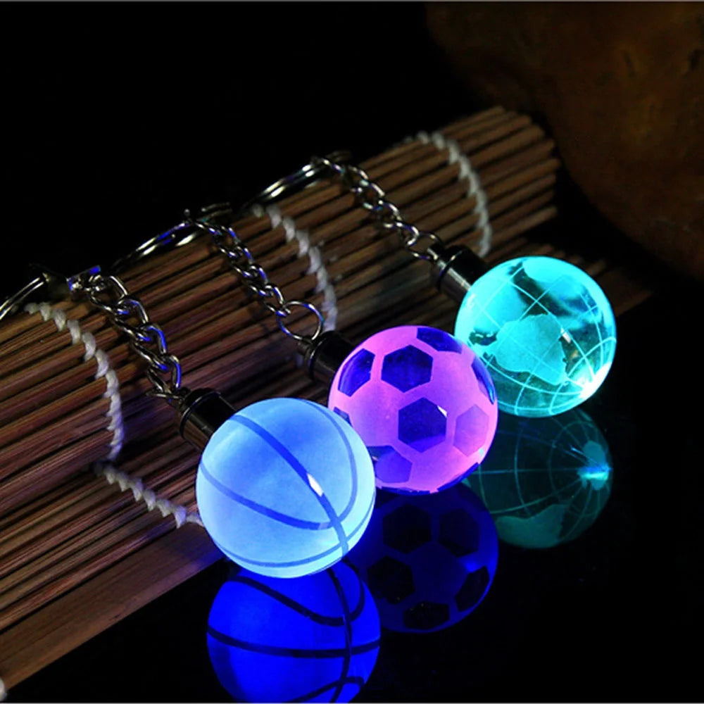 Wholesale Men's Football Basketball Crystal Glass Keychain with LED Light World Globe Keychain for Gifts