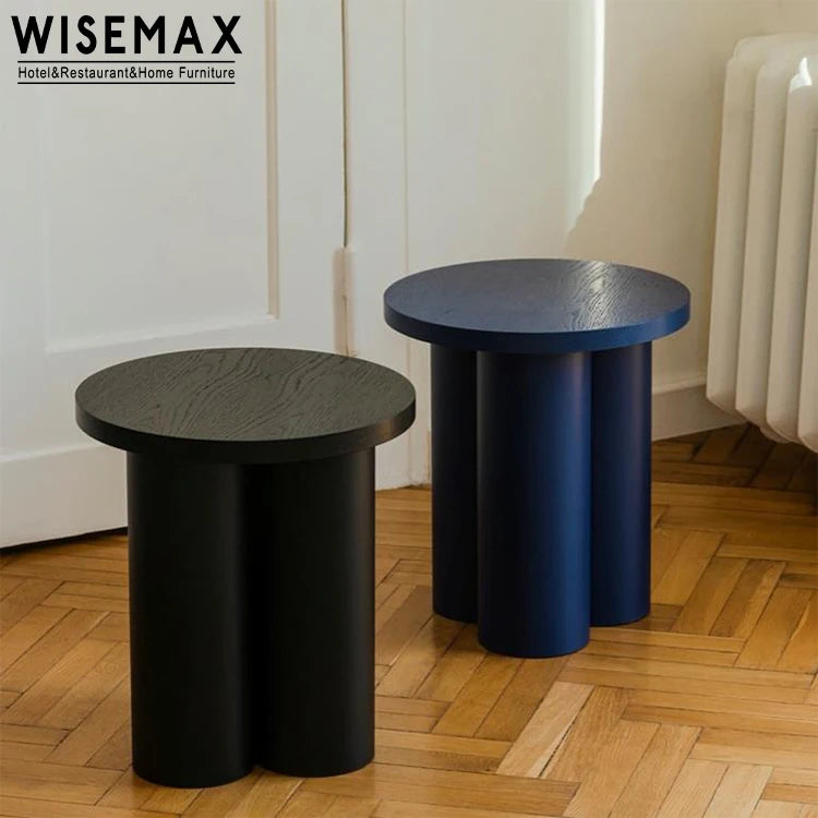 WISEMAX FURNITURE Modern Column Design Living Room Furniture Black Blue End Table Small Round Solid Wood Coffee Table for Home