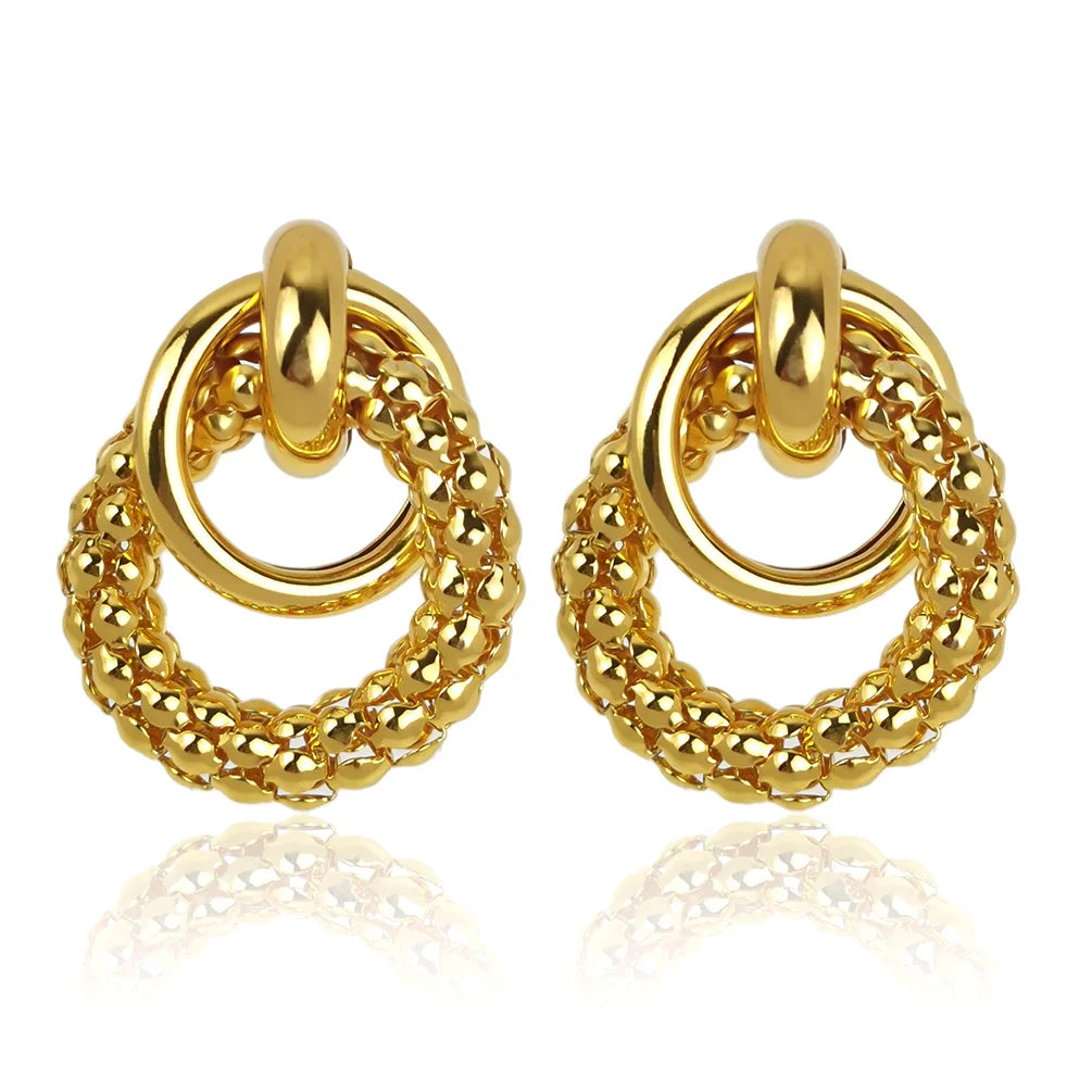 HANSIDON Classical Gold Plated Geometric Earrings Twist Double Ring Chunky Hoop Stud Earrings for Women Party Wedding Jewelry