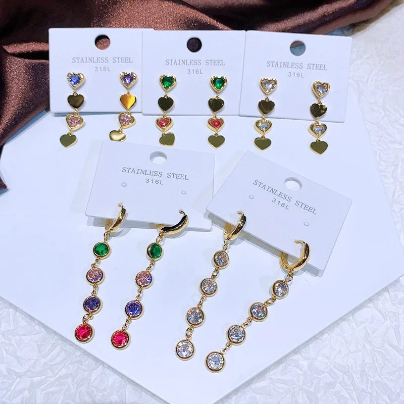 Light Luxury Long Love Tassel Earrings 316L Stainless Steel Jewelry Earrings 18K Gold-plated Colorful Zircon Heart Earrings