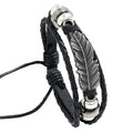 Fashion Simple Alloy Feather Beaded Leather Vintage Antique Silver Plated Adjustable Bracelet for Men Women Trendy Charm