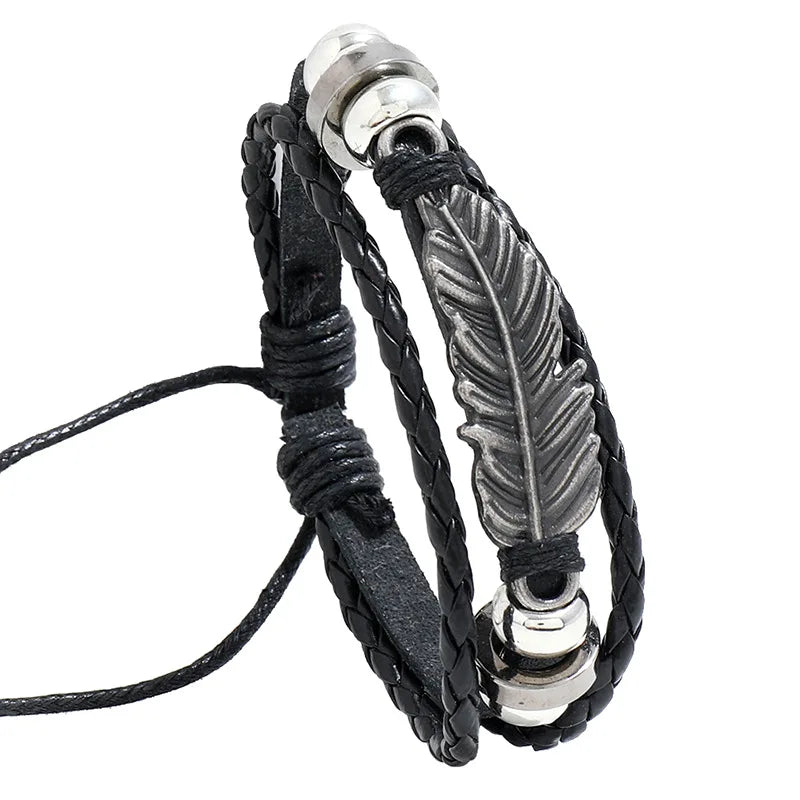 Fashion Simple Alloy Feather Beaded Leather Vintage Antique Silver Plated Adjustable Bracelet for Men Women Trendy Charm