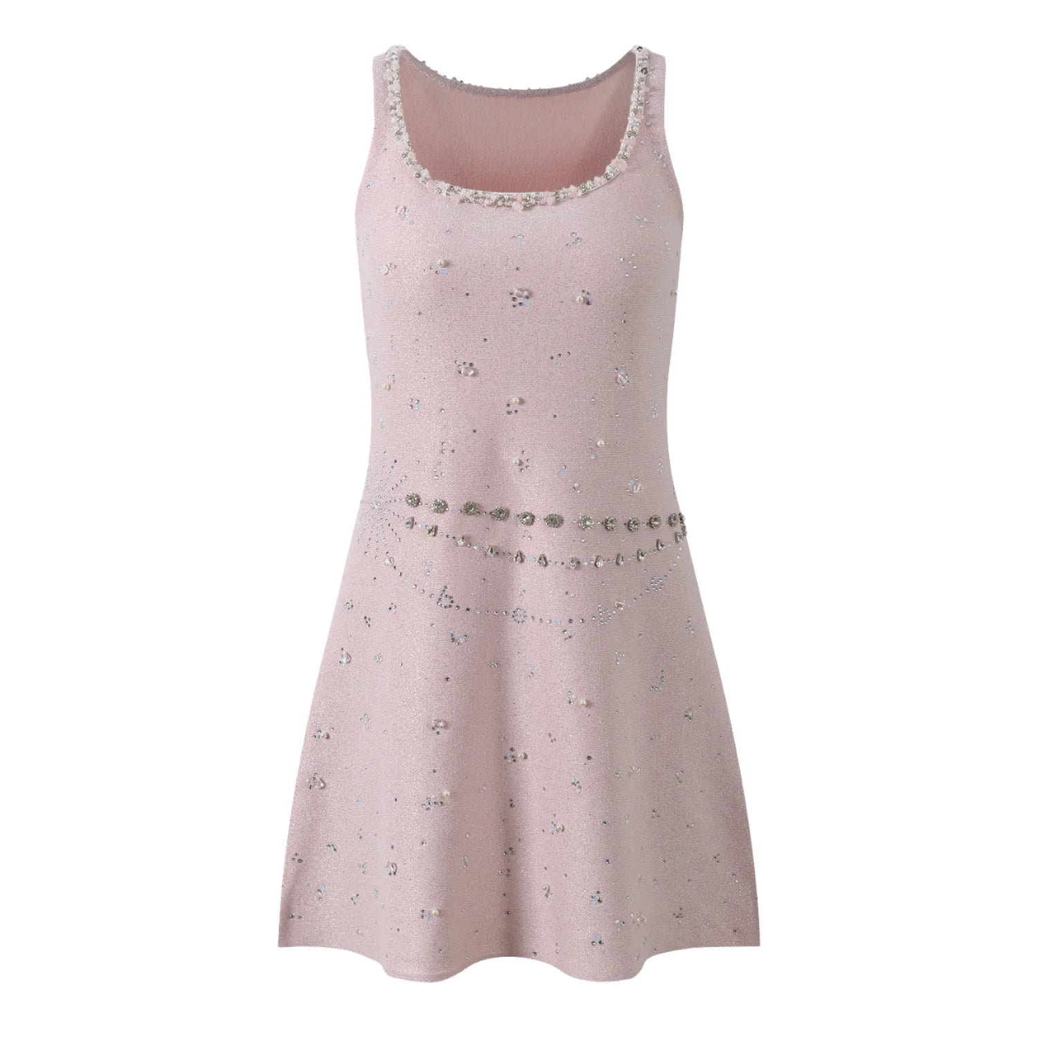 Summer Elegant Solid Women's A-Line Knitted Dress U-Neckline Sleeveless Short Mini Fine Workmanship Rhinestones for Office Wear