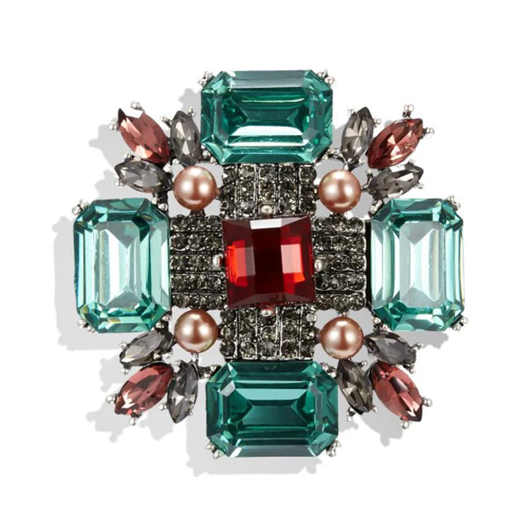 Exquisite Luxury Dress Pins Rhinestone Geometric Metal Vintage Cross Flower Pearl Brooch Jewelry for Women
