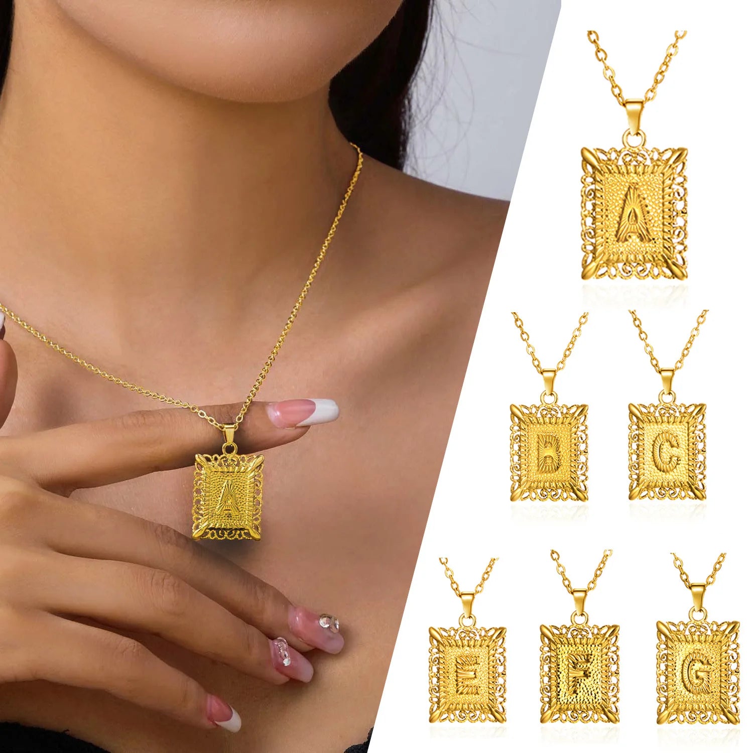 Initial Letter Pendant Necklace for Men Women Gold Plated Square Capital Monogram Necklace Alphabets From A-Z Jewelry