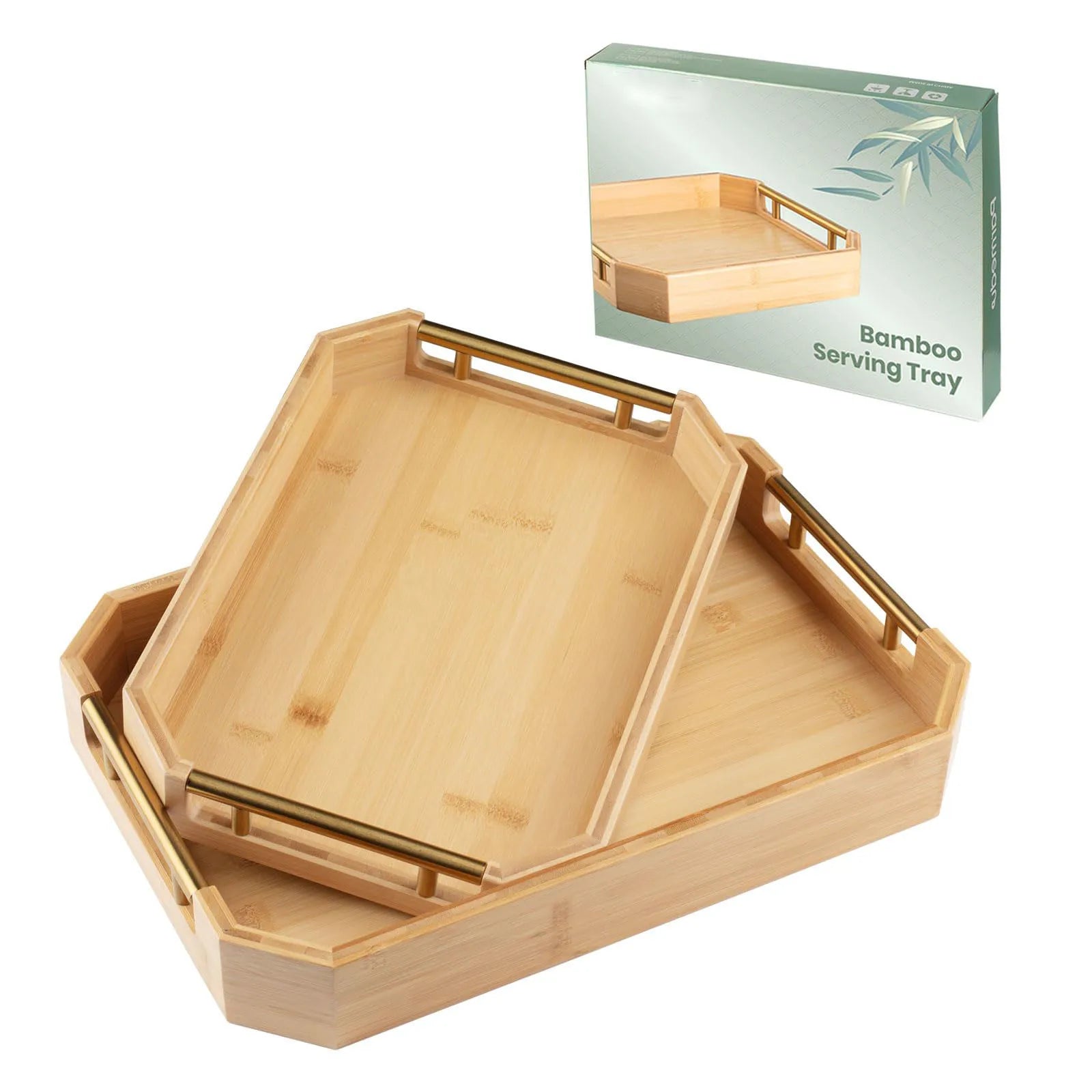 Bamboo Rectangular Serving Tray 2 Piece Set Thickened Natural Color Serving Tray Multifunctional Serving Tray with Metal Handle