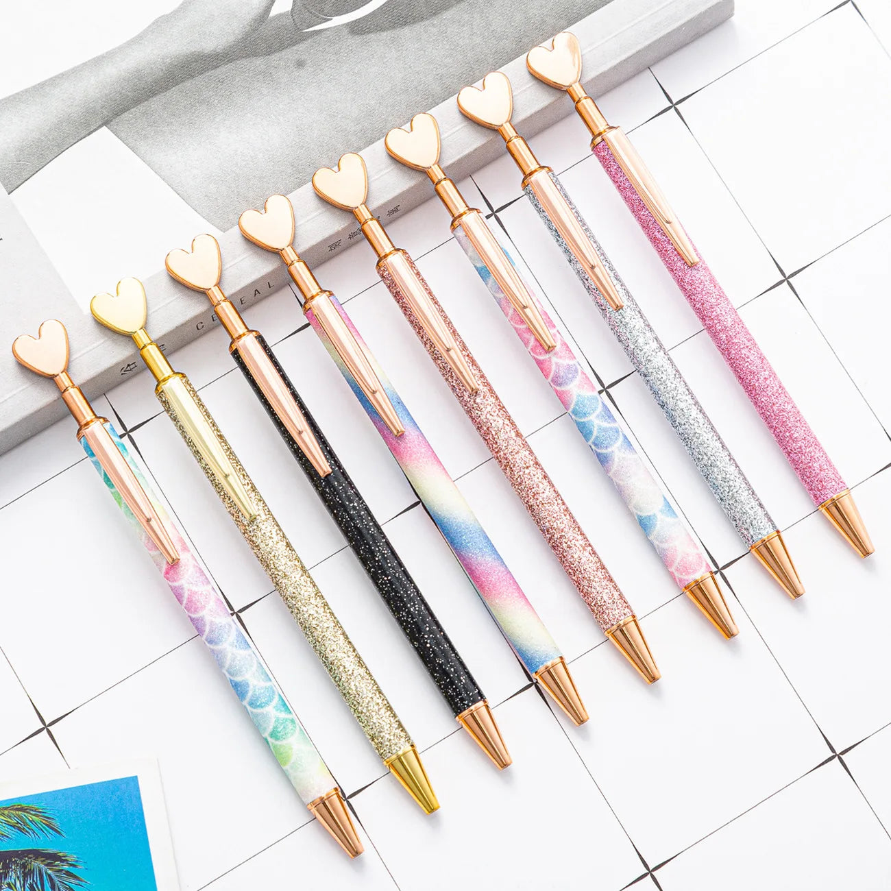 logo Glitter Coated Sparkly Beauty Wedding Gift Bling Fish Scale Mermaid With Heart Top Metal Click Bling Metal Glitter Pen