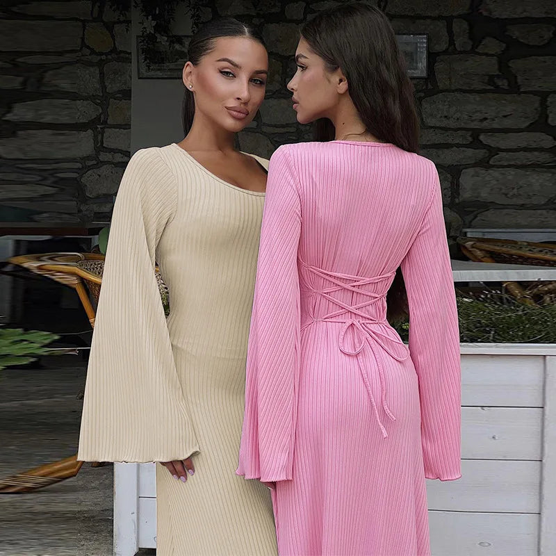 Solid Ribbed Trumpet Sleeves Maxi Dress Back Lace-Up Straps Elegant Casual Natural Waist Eco-Friendly 2023 Autumn Winter for