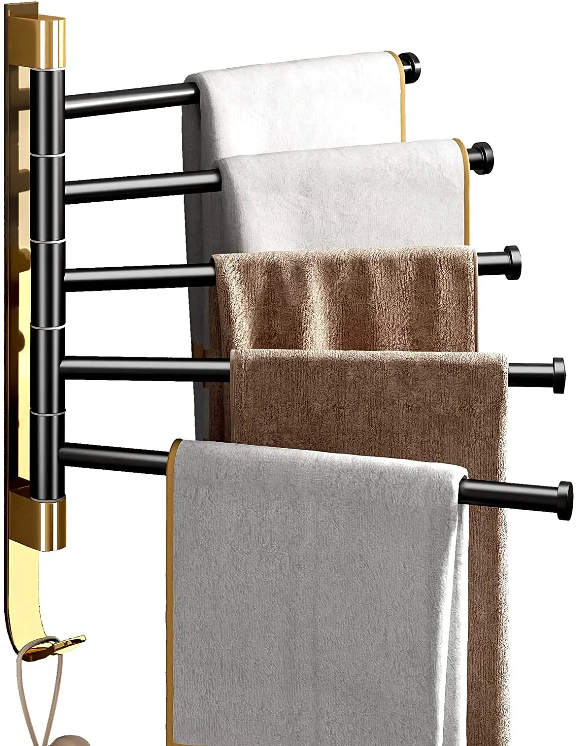Folding Swing Hanger Rack Space Aluminum Bathroom Towel Rack with Hooks 5 Arm