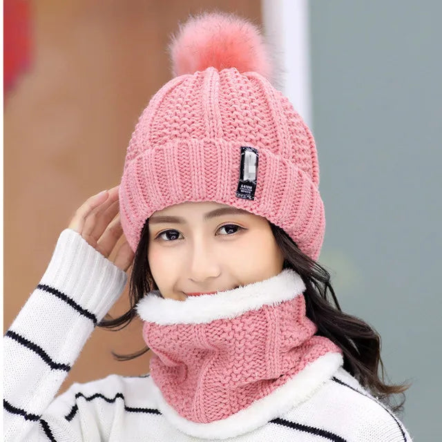Outdoor Women's Winter Hat Caps Knitted Wool Warm Scarf Thick Windproof Pom Pom Hat Scarf Set for Women
