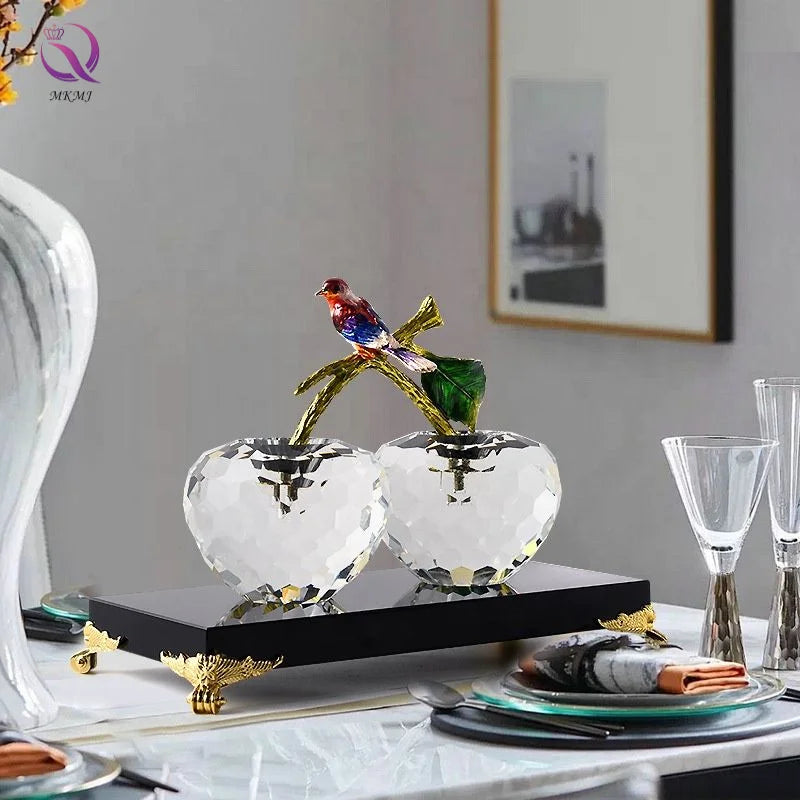 High-end Double Clear Crystal Apple Ornaments Exquisite Handmade Enamel Magpie Bird Desktop Decoration for Office Home Bedroom