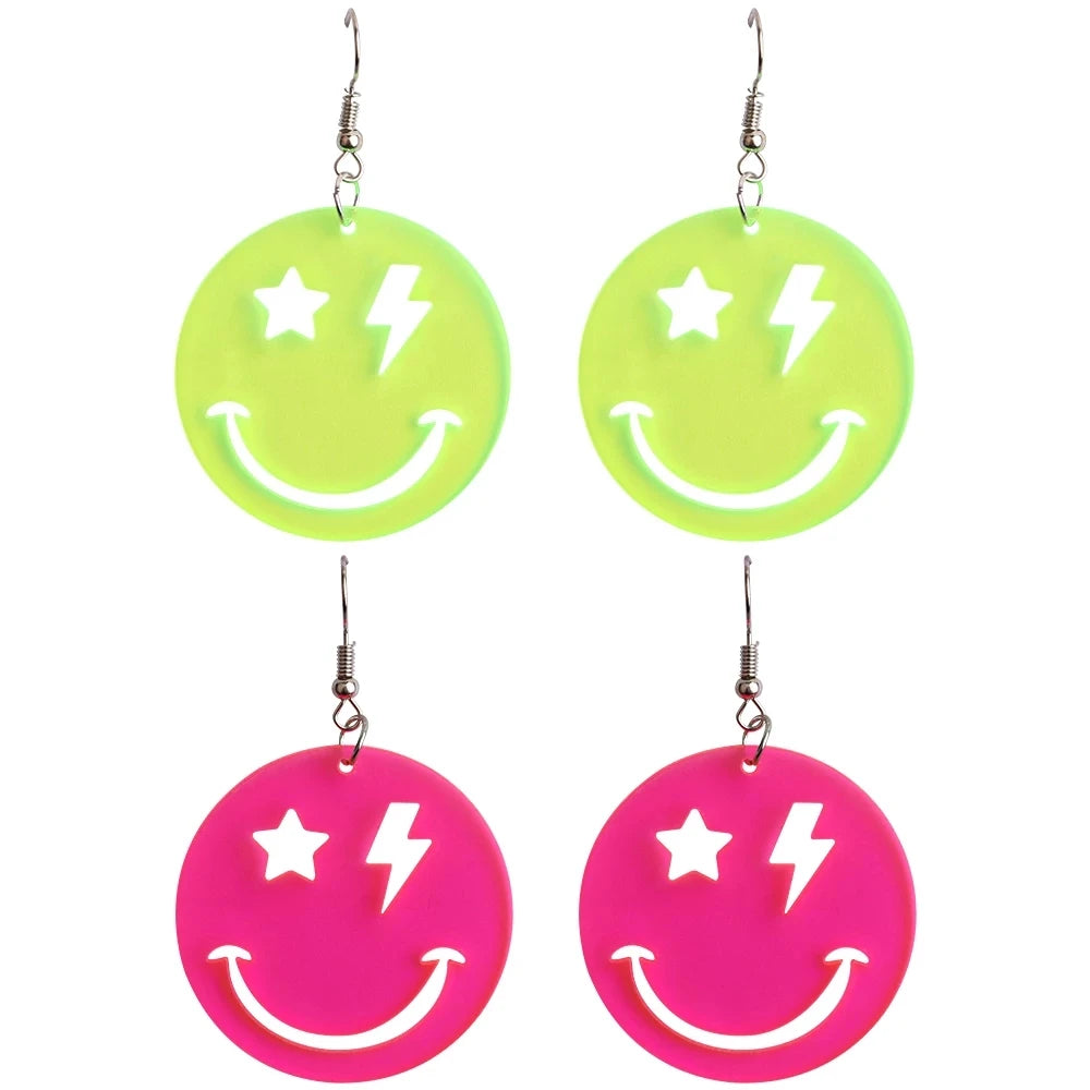 Hyperbole Pendant Earrings Drop Earrings Party Funny Round Big Resin Clear Neon Smiling Sad Face Acrylic Pink Yellow FS