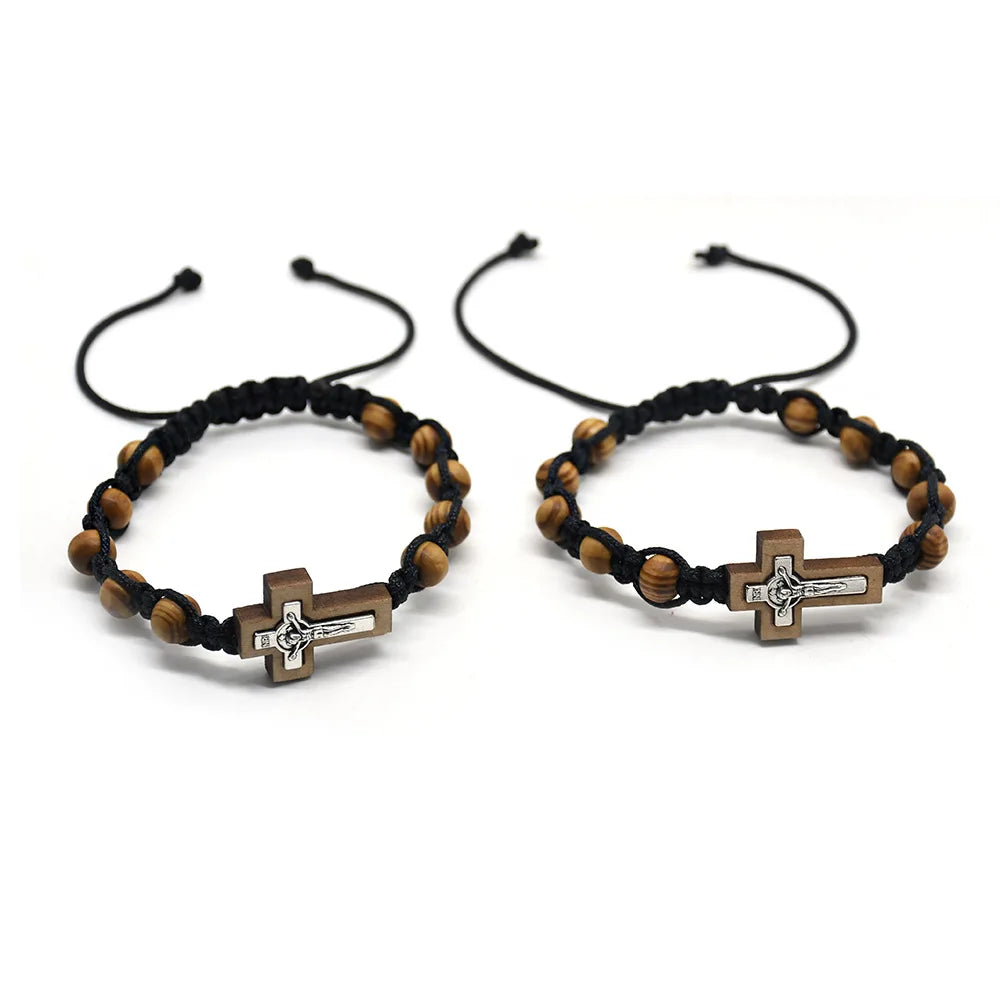 Cross Bracelet Alloy Wooden Bead Braided Rope Rosary Adjustable Bracelet