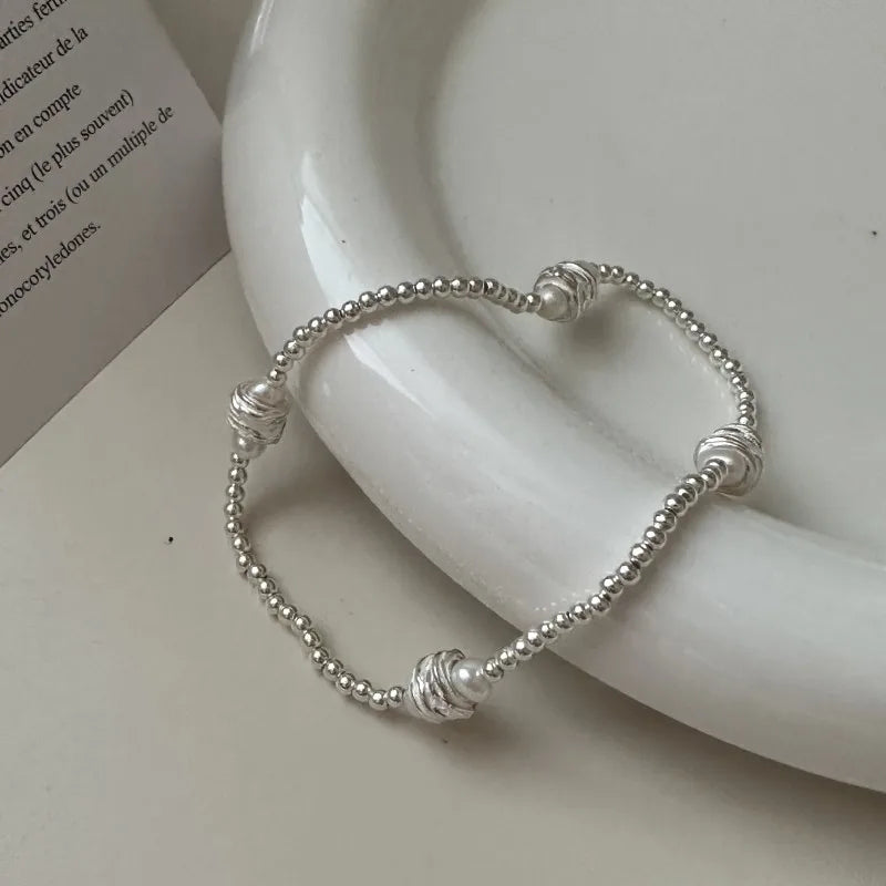 925 Sterling Silver Strand Elastic Round Ball Freshwater Pearl Beads Beaded Bracelet for Women Jewelry Gifts