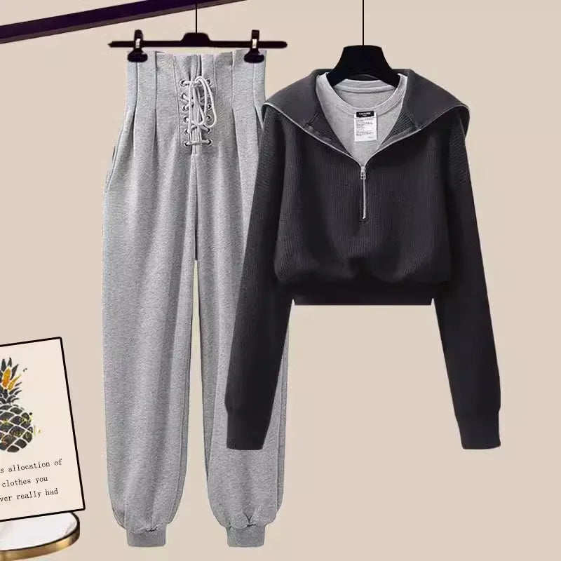 S-XL Autumn Casual Fashion Set Vintage Autumn/Winter Sweater Sweater Sweater Tie Leggings Two Piece Set