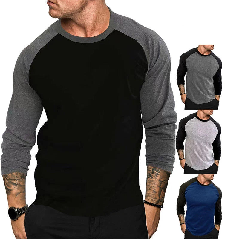 Men's Long-Sleeved Casual Patchwork T-Shirt Knitted Fabric Breathable Solid Style With Turtleneck Collar Top