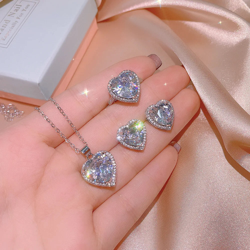Wholesale Vintage Pink Diamond Heart Pendant Necklace Delicate Cubic Zircon Heart Stud Earrings Ring Valentine Jewelry