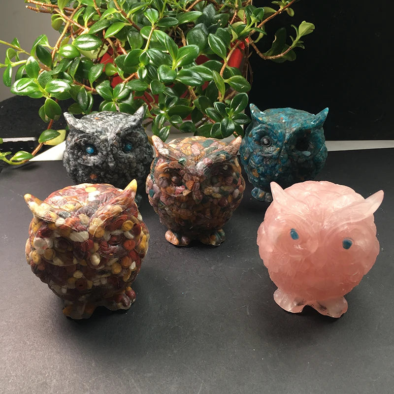 Factory Price Healing Crystal Rose Quartz Apatite Mookaite tiger Eye Stone Resin Owls for Sale