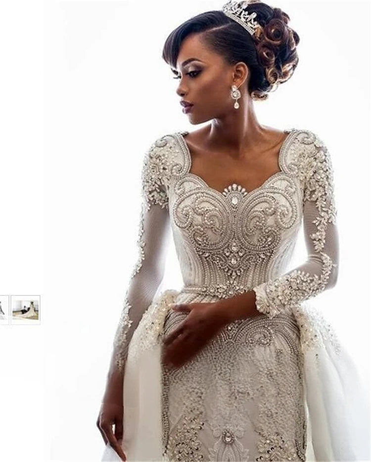Luxury Wedding Dresses African Plus Size Wedding Gown New Lace Vintage Long Sleeve Dismountable Long Train Wedding Dresses