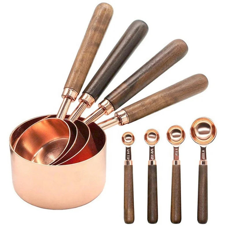 Kitchen Accessories 8 Pcs Stainless Steel Rose Gold Measuring Cups and Spoons Set with Wooden Handle