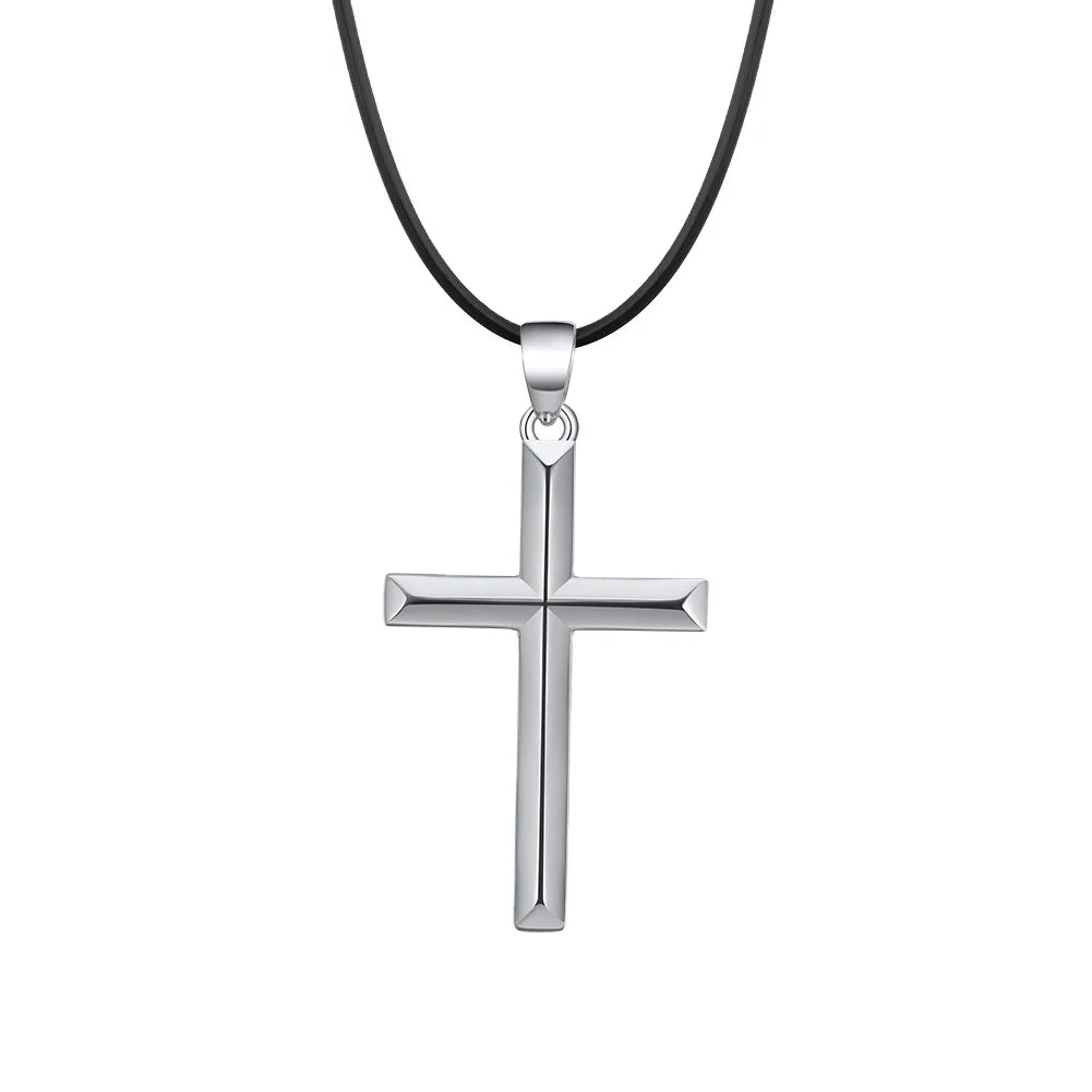 RINNTIN SNMN01 925 Sterling Silver Gold Plated Cross Necklace Leather Rope Spiral Texture Personalized Cross Necklace