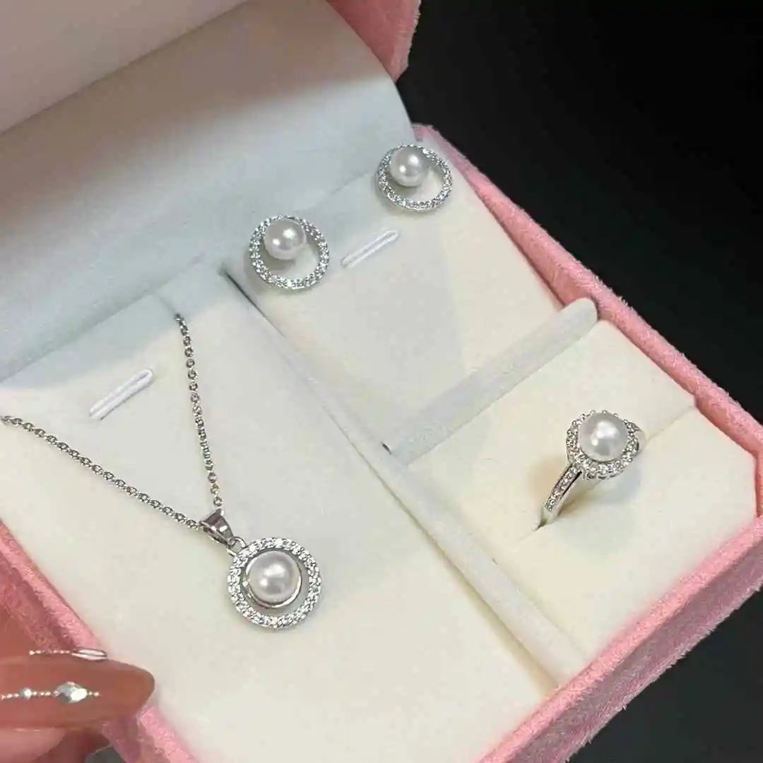 Minimalist 7-8mm Natural Freshwater Pearl Necklace Ring Earring Set Exquisite Fine Jewelry for Anniversary Parties Engagements