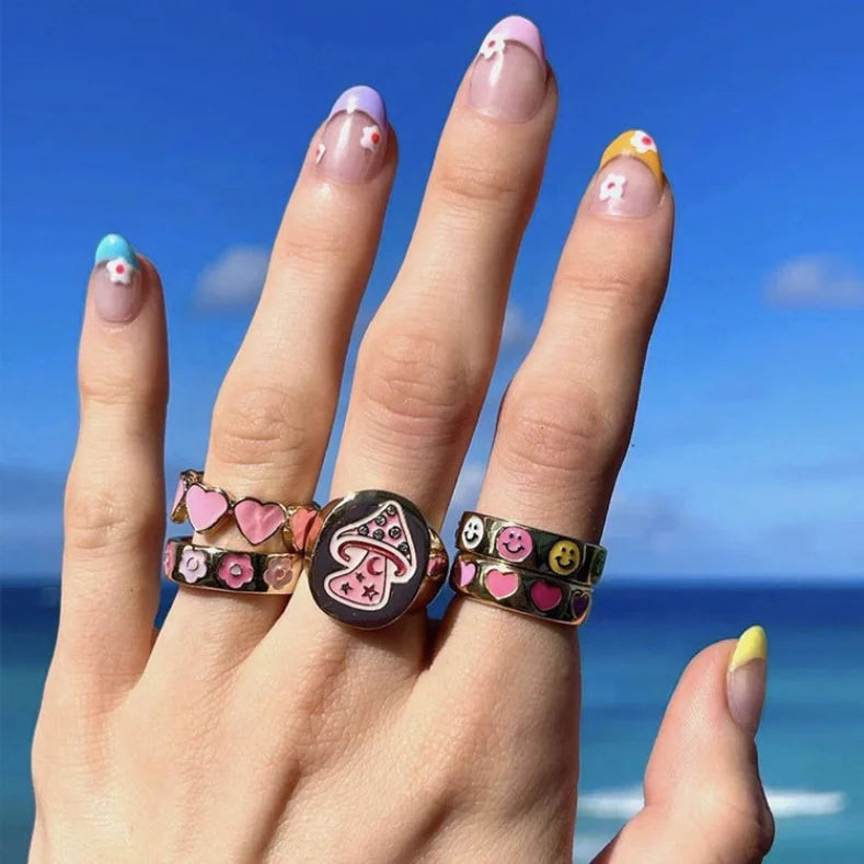 INS New Designer Cute Enamel Mushroom Rings Simple Color Oil Drop Heart Rings Jewelry Women Accessories Wholesale